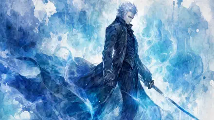 Vergil (Devil May Cry) in icy blue energy, long coat billowing and katana poised, highly detailed 4K Ultra HD PC desktop wallpaper background.