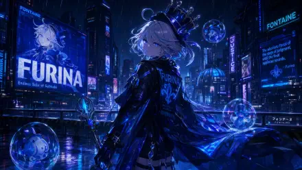 Furina (Genshin Impact) in a neon-blue cyberpunk city at night, holographic bubbles and glowing billboards — 4K Ultra HD PC desktop wallpaper and background.