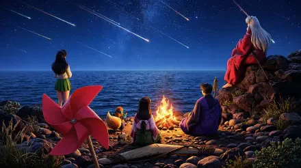 5K Ultra‑HD anime wallpaper: Inuyasha and Kagome at a campfire on a rocky shore, watching falling stars over the sea — a serene PC desktop background.