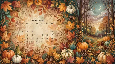 October 2026 calendar on a 5K Ultra HD PC desktop wallpaper: warm autumn scene with pumpkins, gourds, fallen leaves, pinecones and a moonlit woodland.