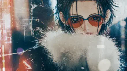 Close-up of Nana, anime-style woman with dark hair, red-tinted glasses and a fluffy fur collar, moody grunge lighting; 4K Ultra HD PC desktop wallpaper/background.