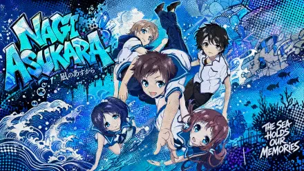 Nagi no Asukara 4K Ultra HD PC desktop wallpaper background: five school-uniform characters swimming amid stylized blue waves, bubbles and a graffiti-style title.