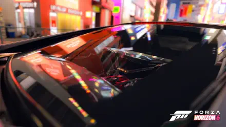 Forza Horizon 6 video game 4K Ultra HD PC desktop wallpaper and background: glossy sports car roof and exposed engine reflecting neon city lights in a vibrant urban night.