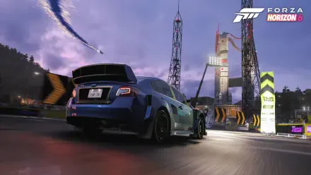 4K Ultra HD PC desktop wallpaper: video game Forza Horizon 6 — rear view of a blue sports car racing on a wet road past launch towers under a dramatic twilight sky.