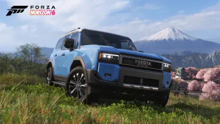 4K Ultra HD PC desktop wallpaper of a blue Toyota SUV on grassy terrain with Mount Fuji and cherry blossoms in the background — Forza Horizon 6 video game