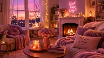 Warm and Cozy 4K Ultra HD PC desktop wallpaper/background: pink-hued living room at sunset with a roaring fireplace, plush throws, string lights, candles, and flowers.