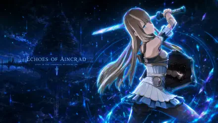 Echoes of Aincrad — 4K Ultra HD PC desktop wallpaper and background: anime warrior woman wields a glowing blue sword and shield amid a shimmering crystalline nightscape with floating light shards.