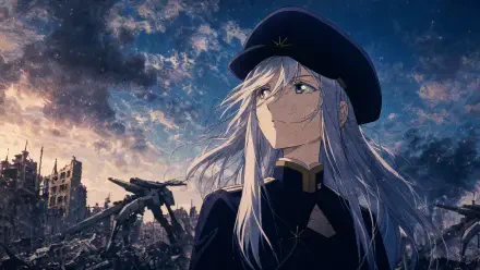 Eighty Six anime: silver-haired officer in beret overlooking a ruined city and mechs under a stormy sky — 4K Ultra HD PC desktop wallpaper/background.
