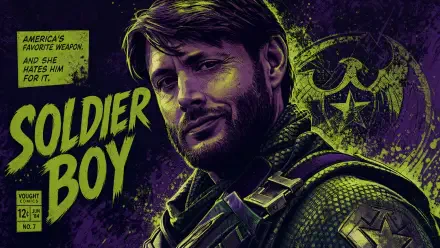 4K Ultra HD PC desktop wallpaper of Soldier Boy (The Boys): stylized purple-green portrait, smirking in tactical gear with bold Soldier Boy title and comic-book textures.