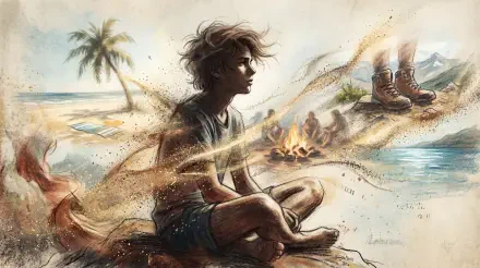 5K Ultra HD PC Desktop Wallpaper and Background: youth sits cross‑legged on a beach beside a small fire, sand and sea breeze forming dreamlike swirls around palm trees and scattered boots.