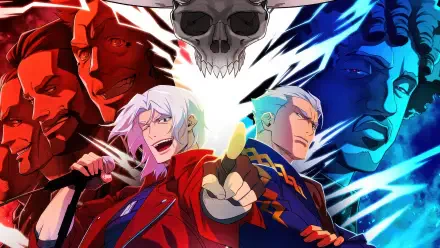 Devil May Cry (2025) 4K Ultra HD PC wallpaper: dramatic red vs. blue split with a skull above two back‑to‑back protagonists — a white‑haired rocker in red and a stern silver‑haired fighter in blue.
