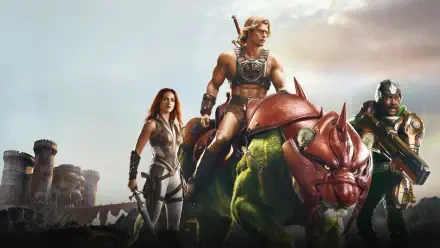 Masters of the Universe (2026) 5K Ultra HD PC desktop wallpaper/background: He-Man atop Battle Cat with Teela and Man-At-Arms standing before a stormy castle skyline.