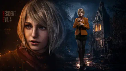 Resident Evil 4 4K Ultra HD PC desktop wallpaper: Ashley in close-up and full-body amid a moonlit, rain-slick village path with a glowing gothic church ruin.