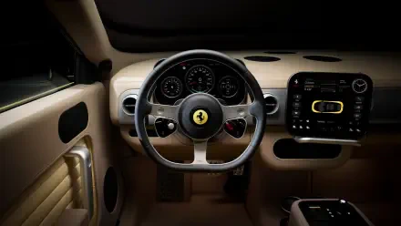 Interior cockpit view of a Ferrari Luce: beige leather dashboard, signature prancing-horse steering wheel and digital center display — 4K Ultra HD PC desktop wallpaper and background.
