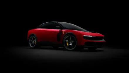 Red Ferrari Luce vehicle in dramatic spotlight on a black background, sleek sports car rendered as a 4K Ultra HD PC desktop wallpaper.