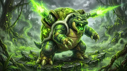 Blastoise (Pokémon) storms a misty, toxic swamp firing neon-green cannons, rendered in high detail — 5K Ultra HD PC Desktop Wallpaper and Background.