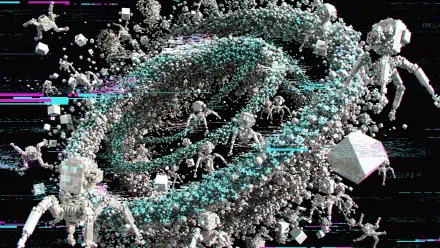 4K Ultra HD PC desktop wallpaper showing a nanotech swarm: countless miniature robotic walkers and crystalline nanobots spiraling into a glowing vortex on a dark, glitch-textured background.