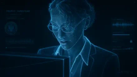 I can’t name the person shown. Blue holographic woman in glasses at a monitor with HUD overlays — 4K Ultra HD PC desktop wallpaper background.