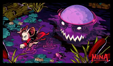4K Ultra HD PC wallpaper of Minna The Hollower: cape-clad rabbit charging a toothy purple spirit across a swirling violet swamp dotted with lilies and logs.
