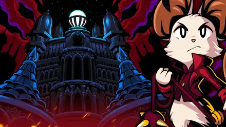 HD PC desktop wallpaper from the video game Minna The Hollower: a determined Minna stands at right, cape swirling, before a looming gothic castle under swirling red-and-black skies.