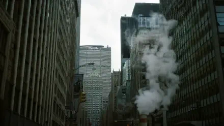 Concrete jungle of towering skyscrapers framing a misty avenue with steam rising from a street vent — 4K Ultra HD PC Desktop Wallpaper and Background.