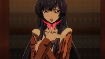 Anime HD PC desktop wallpaper from Code Geass: Rozé Of The Recapture, dark-haired woman with piercing red eyes and glowing red sigil at her throat, hand raised in command.