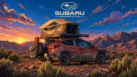 4K Ultra HD PC desktop wallpaper of a Subaru SUV with rooftop tent at sunset in rugged desert scrub, mountains in the background and the Subaru logo with Transamerica Trail above.