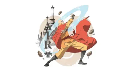 Avatar: The Last Airbender 4K Ultra HD PC desktop wallpaper and background — Aang in a dynamic airbending pose, red robe swirling amid floating rocks and a stylized temple silhouette.