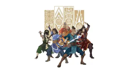 Group of Avatar: The Last Airbender characters in dynamic battle stances beneath stylized elemental sigils — 4K Ultra HD PC desktop wallpaper and background.
