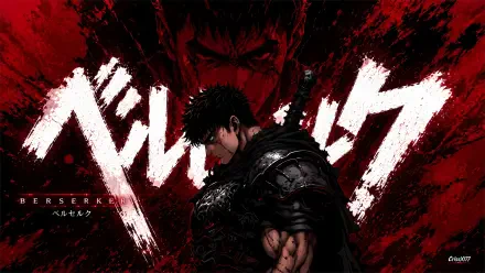 Guts (Berserk) in dark armor with his massive sword, framed by blood-red splatter and bold white title strokes — 2K Quad HD PC Desktop Wallpaper and Background.