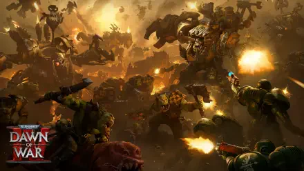 Warhammer 40,000: Dawn of War IV video game 4K Ultra HD PC desktop wallpaper — chaotic Warhammer battle with Orks and armored troops trading fire amid explosions and burning skies.