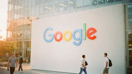 4K Ultra HD PC desktop wallpaper showing large multicolored Google logo on a white building facade with glass offices and pedestrians.