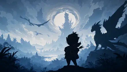Silhouetted rider and wyvern in a misty valley beneath a colossal shadow-beast — Monster Hunter Stories 3: Twisted Reflection, video game, Monster Hunter, 4K Ultra HD PC desktop wallpaper/background.