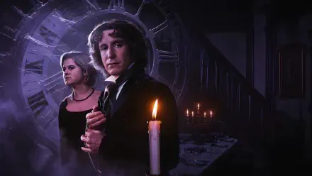 4K Ultra HD PC desktop wallpaper: Doctor Who (2005) — the Doctor and Charley Pollard by candlelight in a dark, ruined corridor with a cracked clock face looming behind them.