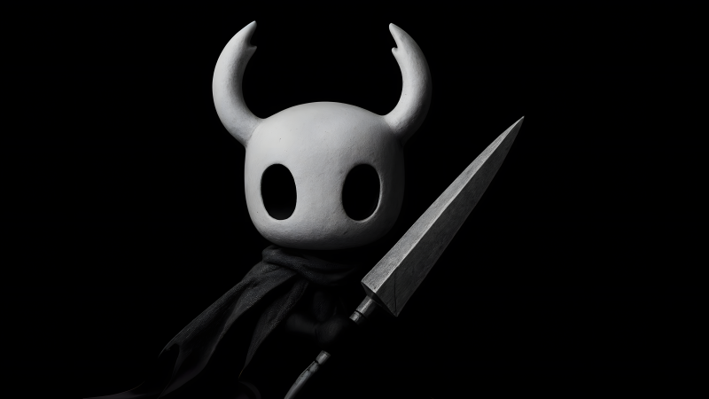 {{ Dark 4K Ultra HD PC desktop wallpaper: the Hollow Knight protagonist with horned white mask and nail weapon silhouetted against a black background. 
