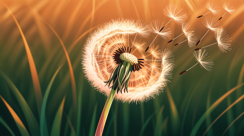 {{ Close-up dandelion releasing seeds against warm orange and green bokeh grass — 4K Ultra HD PC Desktop Wallpaper and Background.