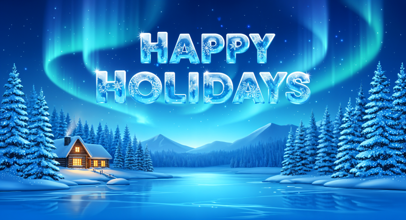 {{ Happy Holidays in icy letters over a 4K Ultra HD PC desktop wallpaper of a snowy cabin by a frozen lake, pine trees and a glowing aurora borealis. 