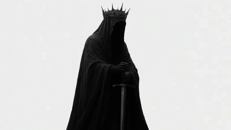 {{ Hooded dark king in a spiked crown, face hidden, hands on a long sword against a stark white background — Nazgûl-inspired 4K Ultra HD PC desktop wallpaper.