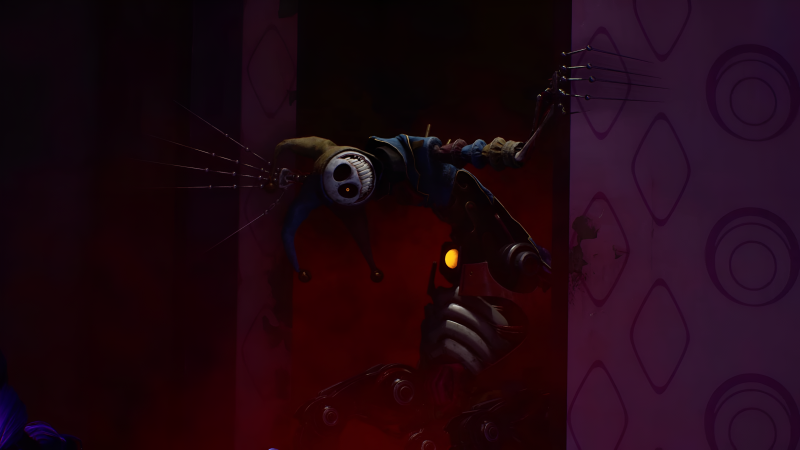 {{ Poppy Playtime horror game wallpaper: sinister toy puppet with needle-like spines and one glowing eye peering from a dark doorway — 4K Ultra HD PC desktop background 