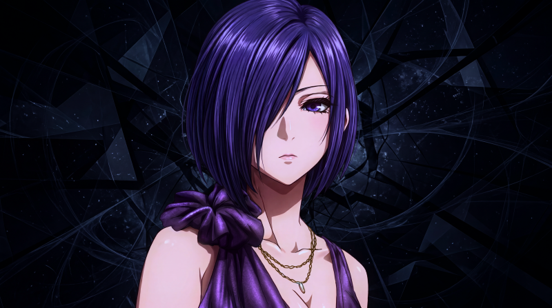 {{ Touka Kirishima (Tokyo Ghoul), purple-haired anime girl in a violet dress with a solemn gaze against a dark shattered-glass backdrop — 5K Ultra HD PC wallpaper 