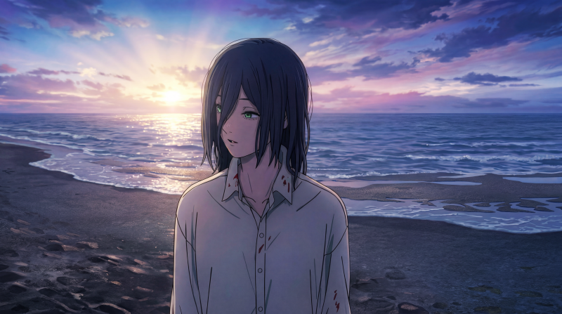 {{ Reze (Chainsaw Man) — anime girl on a quiet beach at morning sun, pastel sky and waves; 5K Ultra HD PC desktop wallpaper. 