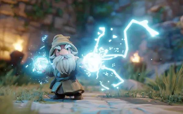 HD PC desktop wallpaper showing a 3D RPG gnome wizard unleashing a crackling blue lightning spell in a torch-lit stone courtyard background.