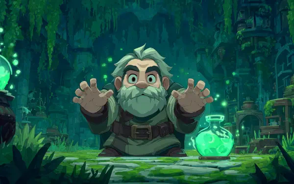 Cartoon green HD PC desktop wallpaper of a bearded mage casting Healing Magic over a glowing potion in a mossy cave laboratory.
