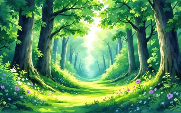 Lush green forest pathway bathed in dappled sunlight, vibrant foliage and wildflowers — green aesthetic 4K Ultra HD PC desktop wallpaper and background.