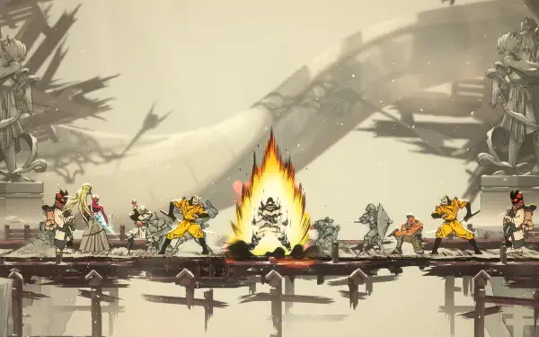 4K Ultra HD PC desktop wallpaper from the video game SHINOBI: Art of Vengeance — side-scrolling battle on a broken bridge, a ninja radiates a fiery aura as enemies close in.