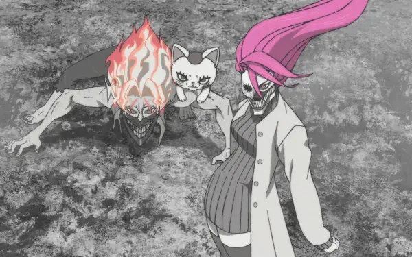 HD PC desktop wallpaper from anime Dandadan: Turbo Granny with flowing pink hair, Aira Shiratori cat-like companion, and a fiery skull figure on a textured gray backdrop.