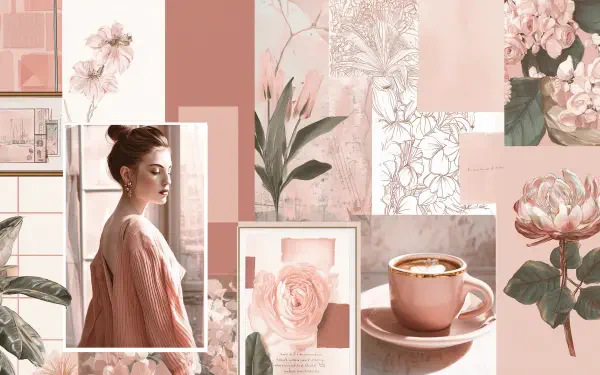 Pastel-pink aesthetic collage of flowers, floral sketches, a woman in profile, a rose photo and a coffee cup — HD PC desktop wallpaper/background.