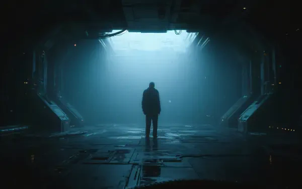 Lonely silhouette in a vast, dim sci‑fi hangar beneath cold blue light — moody 4K Ultra HD PC desktop wallpaper and background.