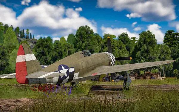 HD PC desktop wallpaper from the video game Aces of Thunder: Republic P-47 Thunderbolt parked on a grassy airfield under blue sky with scattered clouds.