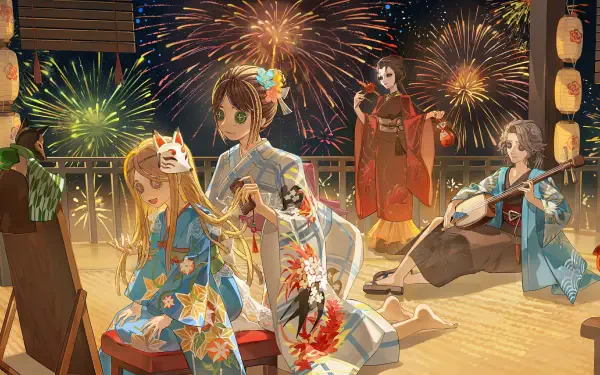 4K Ultra HD PC desktop wallpaper from the video game Identity V: characters in kimonos on a wooden veranda, lanterns aglow, watching fireworks over a summer night.